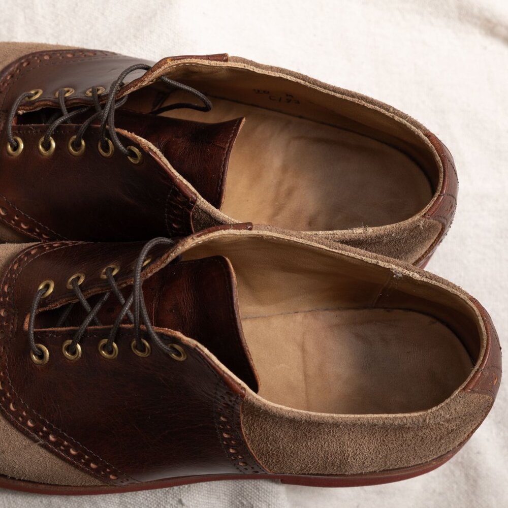 Vintage 90s Cole Haan Suede Saddle Oxford Brogue Shoes Tan Brown 10M Prep Trad - Picture 12 of 13